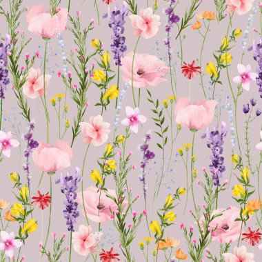 Çiçeksiz suluboya desen. Allık pembe gelincikler, gül, menekşe lavantası, gri arka planda sarı yabani çiçekler. El çizimi tarzı illüstrasyon. Sanatsal şablon tasarımı.