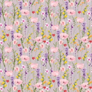 Çiçeksiz suluboya desen. Allık pembe gelincikler, gül, menekşe lavantası, gri arka planda sarı yabani çiçekler. El çizimi tarzı illüstrasyon. Sanatsal şablon tasarımı.