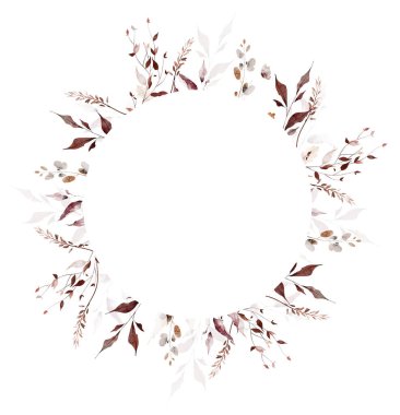 Suluboya sonbahar çiçekli yuvarlak şablon çerçevesi. Turuncu, kahverengi, bordo, bej rengi akçaağaç yaprakları, yabani dallar, dallar. El çizimi tarzı illüstrasyon. Suluboya sanatsal şablon tasarımı.