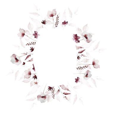 Çiçekli suluboya çelenk oval çerçevesi. Pembe, bordo, gri, kırmızı gelincik çiçekleri, yapraklar, vahşi dallar, ince dallar. Suluboya sanatsal şablon tasarımı.