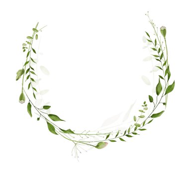 Çiçekli suluboya çelenk çerçevesi. Çayır çayı, yeşil yabani dallar, yapraklar, otlar, çiçek tomurcukları. Sanatsal şablon tasarımı.