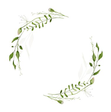 Çiçekli suluboya çelenk çerçevesi. Çayır çayı, yeşil yabani dallar, yapraklar, otlar, çiçek tomurcukları. Sanatsal şablon tasarımı.