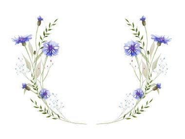 Suluboya çiçek simetrik yarı dairesel çelenk çerçevesi. Çayır mavisi çiçek, unutma beni çiçekleri, yeşil yabani dallar, yapraklar, bitkiler. El çizimi tarzı illüstrasyon. Sanatsal şablon tasarımı.