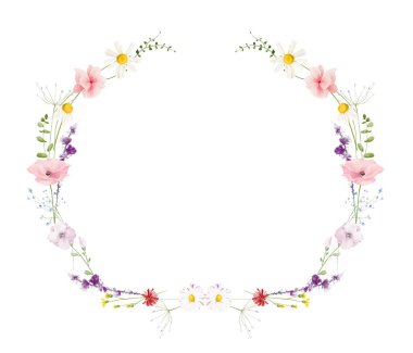 Suluboya çiçekli simetrik yarım yuvarlak çelenk çerçevesi. Çayır pembe gelincikleri, menekşe lavantası, papatya çiçekleri, yeşil dallar. El çizimi tarzı illüstrasyon. Sanatsal şablon tasarımı.