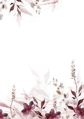 Suluboya sonbahar çiçekli şablon çerçevesi. Pembe, kırmızı, bordo, bej çiçekler, yapraklar, okaliptüs dalları, dallar, çiviler. El çizimi tarzı illüstrasyon. Suluboya sanatsal şablon tasarımı.