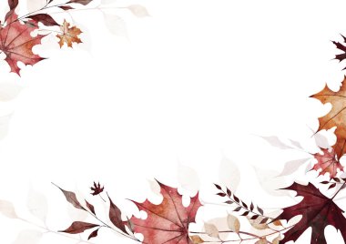 Suluboya sonbahar çiçekli yatay şablon çerçevesi. Turuncu, kahverengi, bordo, bej rengi akçaağaç yaprakları, yabani dallar, dallar. El çizimi tarzı illüstrasyon. Suluboya sanatsal şablon tasarımı.