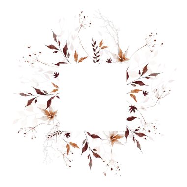 Suluboya sonbahar yeşillik kare çerçevesi. Portakal, bej, bordo, akçaağaç yaprakları, yabani kahverengi dallar, dallar, dikenler. El çizimi tarzı illüstrasyon. Suluboya sanatsal şablon tasarımı.