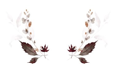 Suluboya sonbahar çiçekli çelenk simetrik çerçevesi. Kahverengi, turuncu, gri, bej rengi akçaağaç yaprakları, okaliptüs, vahşi dallar, dal çizilmiş el çizimleri. Suluboya sanatsal şablon tasarımı.