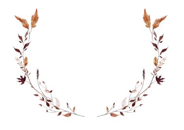 Suluboya sonbahar çelengi simetrik çerçevesi. Turuncu, bej, bordo akçaağaç yaprakları, vahşi kahverengi dallar ve dikenler. El çizimi tarzı illüstrasyon. Suluboya sanatsal şablon tasarımı.
