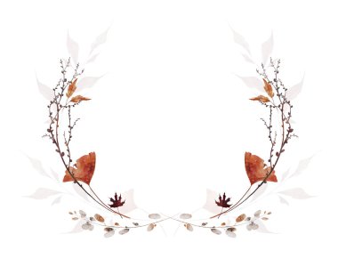 Suluboya sonbahar yuvarlak çelenk simetrik çerçevesi. Turuncu, kahverengi, gri sonbahar ginko biloba, akçaağaç yaprakları, çiçekler, ağaç dalları. El çizimi tarzı illüstrasyon. Suluboya sanatsal şablon tasarımı.