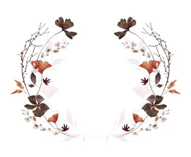 Suluboya sonbahar yuvarlak çelenk simetrik çerçevesi. Turuncu, kahverengi, gri, bej rengi biloba yaprakları, çiçekler, ağaç dalları. El çizimi tarzı illüstrasyon. Suluboya sanatsal şablon tasarımı.