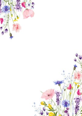 Suluboya çiçek açılı çerçeve şablonu. Yabani çayır çiçeği, pembe, menekşe, turuncu, sarı çiçekler, yeşil dallar. El çizimi tarzı illüstrasyon. Sanatsal şablon tasarımı.