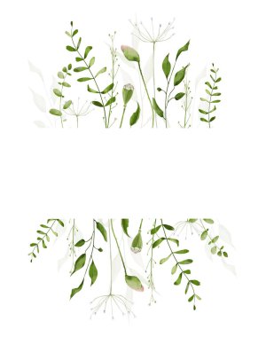 Çiçekli suluboya yeşil çizgili sınır çerçevesi. Yeşil ve bilge yabani dallar, dallar, otlar, yapraklar ve gelincik çiçeği tomurcukları. El çizimi tarzı illüstrasyon. Sanatsal şablon tasarımı.