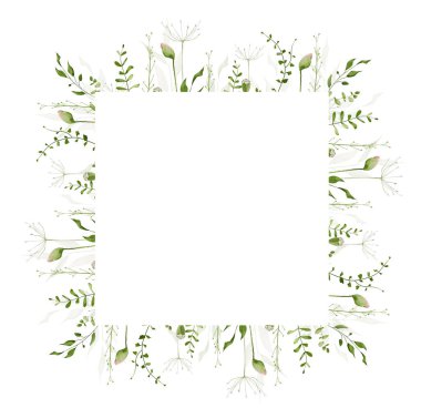Çiçekli suluboya yeşil kare çerçeve. Yeşil gelincik tomurcukları, dallar, yapraklar, otlar, soyut yıkamalar. El çizimi tarzı illüstrasyon. Sanatsal şablon tasarımı.