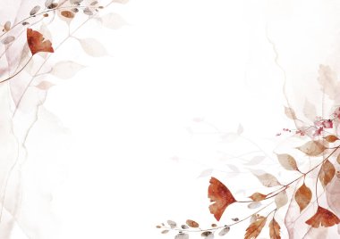 Suluboya sonbahar çiçekli yatay çerçeve. Turuncu, pembe, bej, gri sonbahar ginko biloba yaprakları, vahşi okaliptüs dalları, dallar. El çizimi tarzı illüstrasyon. Sanatsal şablon tasarımı.