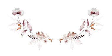 Suluboya sonbahar çiçekli çelenk simetrik çerçevesi. Pembe, turuncu, gri, bej yapraklar, gelincik çiçekleri, yabani dallar ve dallar. El çizimi tarzı illüstrasyon. Suluboya sanatsal şablon tasarımı.