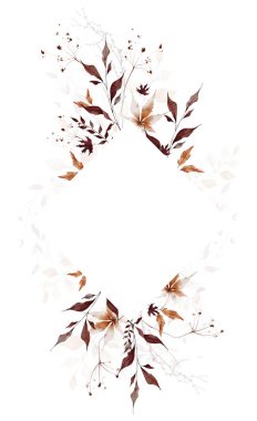 Sonbahar suluboya eşkenar dörtgen. Portakal, bej, bordo, akçaağaç yaprakları, yabani kahverengi dallar, dallar, dikenler. El çizimi tarzı illüstrasyon. Suluboya sanatsal şablon tasarımı.