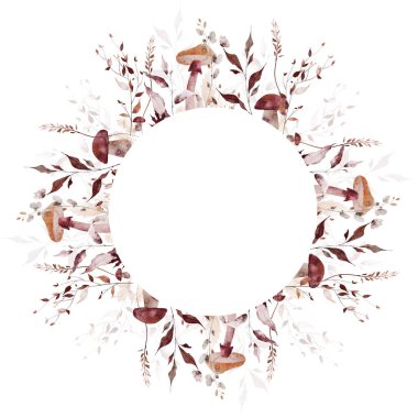 Suluboya sonbahar çiçekli yuvarlak şablon çerçevesi. Turuncu, kahverengi, bordo, bej rengi akçaağaç yaprakları, mantarlar, yabani dallar, dallar. El çizimi tarzı illüstrasyon. Suluboya sanatsal şablon tasarımı.