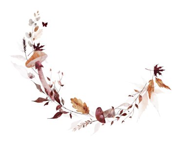 Suluboya sonbahar yarı dairesel çelenk çerçevesi. Portakal, bordo, akçaağaç yaprağı, mantar, yabani dallar, kelebek. El çizimi tarzı illüstrasyon. Sanatsal şablon tasarımı.