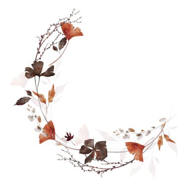 Suluboya sonbahar çelengi yarı dairesel çerçeve. Turuncu, kahverengi, gri sonbahar ginko biloba, akçaağaç yaprakları, çiçekler, ağaç dalları. Çiçekler, ağaç dalları. El çizimi tarzı illüstrasyon. Şablon tasarımı.