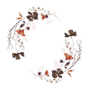 Suluboya sonbahar yuvarlak çelenk simetrik çerçevesi. Turuncu, kahverengi, gri, bej rengi biloba yaprakları, çiçekler, ağaç dalları. El çizimi tarzı illüstrasyon. Suluboya sanatsal şablon tasarımı.