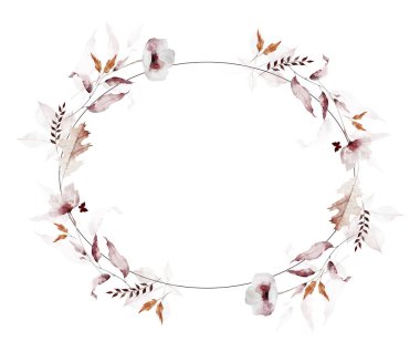 Suluboya sonbahar çiçekli çelenk çerçevesi. Pembe, turuncu, gri, bej yapraklar, gelincik çiçekleri, yabani dallar ve dallar. El çizimi tarzı illüstrasyon. Suluboya sanatsal şablon tasarımı.