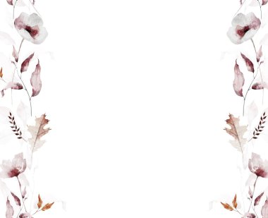 Sonbahar suluboya kusursuz sınır çerçevesi. Pembe, allık, gri gelincik çiçekleri, bej kuru meşe yaprakları, portakal dalları, dallar. El çizimi tarzı illüstrasyon. Suluboya sanatsal şablon tasarımı.