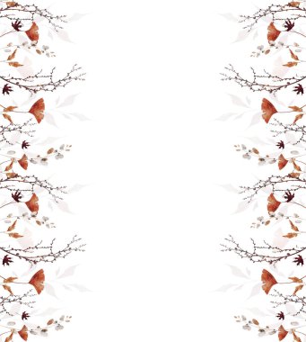 Sonbahar suluboya kusursuz sınır çerçevesi. Turuncu ginko biloba, burgundy akçaağaç yaprakları, kuru dallar, gri okaliptüs dalları. El çizimi tarzı illüstrasyon. Suluboya sanatsal şablon tasarımı.