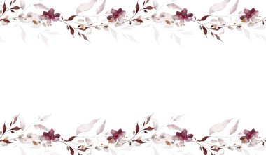 Sonbahar suluboya çiçekli, dikişsiz sınır çerçevesi. Pembe, bordo, kahverengi, gri sonbahar çiçekleri, dallar, yapraklar, dallar. El çizimi tarzı illüstrasyon. Suluboya sanatsal şablon tasarımı.