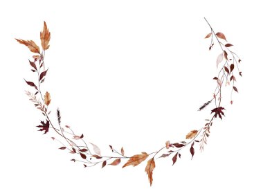 Suluboya sonbahar yarı dairesel çelenk çerçevesi. Turuncu, bej, bordo akçaağaç yaprakları, kahverengi dallar ve dikenler. El çizimi tarzı illüstrasyon. Suluboya sanatsal şablon tasarımı.