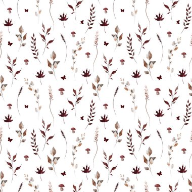 Suluboya sonbaharı pürüzsüz bir desen bırakır. Turuncu, bej, kahverengi akçaağaç yaprakları, mantarlar, kuru sonbahar dalları, dallar. Suluboya sanatsal şablon tasarımı çizimi.