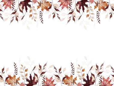 Sonbahar suluboya kusursuz sınır çerçevesi. Turuncu, bordo, kırmızı, pembe akçaağaç yaprakları, dikenler, kuru dallar, dallar. El çizimi tarzı illüstrasyon. Suluboya sanatsal şablon tasarımı.