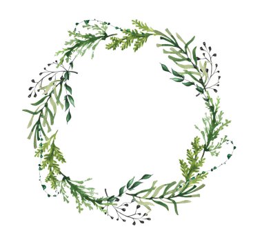 Her zaman yeşil dalları olan suluboya kış çelenkleri, yeşil thuja, biberiye, siyah kuru dallar, bukleli bitkiler. Noel ve Yeni Yıl el çizimleri. Sanatsal şablon tasarımı.