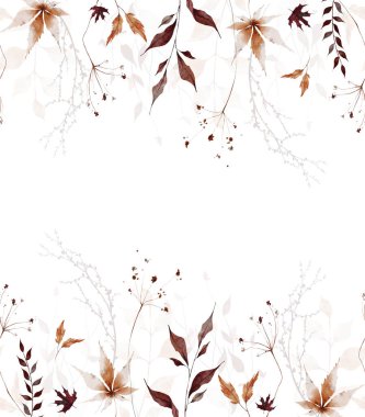 Sonbahar suluboya kusursuz sınır çerçevesi. Turuncu, bordo, kahverengi, gri akçaağaç yaprakları, kuru dallar, dikenler, dallar. El çizimi tarzı illüstrasyon. Suluboya sanatsal şablon tasarımı.