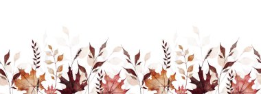 Sonbahar suluboya kusursuz sınır çerçevesi. Turuncu, bordo, kırmızı, pembe akçaağaç yaprakları, dikenler, kuru dallar, dallar. El çizimi tarzı illüstrasyon. Suluboya sanatsal şablon tasarımı.