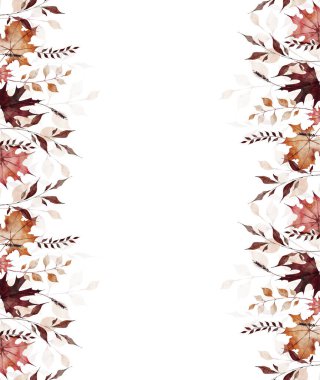 Sonbahar suluboya kusursuz sınır çerçevesi. Turuncu, bordo, kırmızı, pembe akçaağaç yaprakları, dikenler, kuru dallar, dallar. El çizimi tarzı illüstrasyon. Suluboya sanatsal şablon tasarımı.