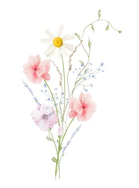 Suluboya çiçek buketi aranjmanı. Meadow pastel pembe gelincikler, menekşe nonoş, papatya çiçeği, papatya, yeşil dallar. El çizimi tarzı illüstrasyon. Sanatsal şablon tasarımı.