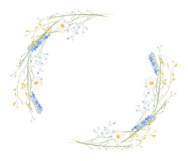 Suluboya çiçekli yuvarlak çelenk çerçevesi. Çayır mavisi tatlı bezelyeler, sarı yabani çiçekler, papatyalar, yeşil dallar, yapraklar. El çizimi tarzı illüstrasyon. Sanatsal şablon tasarımı.