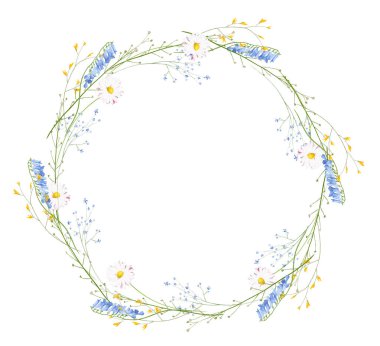 Suluboya çiçekli yuvarlak çelenk çerçevesi. Çayır mavisi tatlı bezelyeler, sarı yabani çiçekler, papatyalar, yeşil dallar, yapraklar. El çizimi tarzı illüstrasyon. Sanatsal şablon tasarımı.