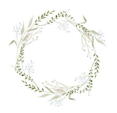 Suluboya çiçekli yuvarlak çelenk çerçevesi. Çayır kırmızısı, mavi unutma beni çiçekleri, yeşil vahşi dallar, adaçayı yaprakları, bitkiler. El çizimi tarzı illüstrasyon. Sanatsal şablon tasarımı.