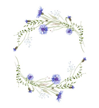 Suluboya çiçekli yuvarlak çelenk çerçevesi. Çayır mavisi çiçek, unutma beni çiçekleri, yeşil yabani dallar, yapraklar, bitkiler. El çizimi tarzı illüstrasyon. Sanatsal şablon tasarımı.