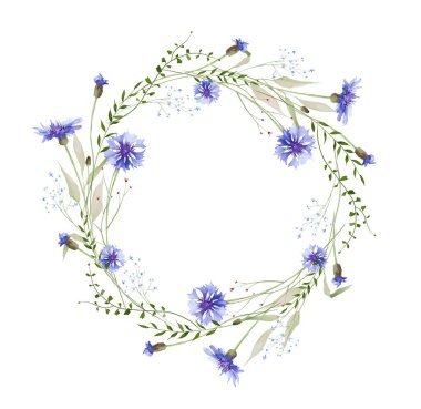 Suluboya çiçekli yuvarlak çelenk çerçevesi. Çayır mavisi çiçek, unutma beni çiçekleri, yeşil yabani dallar, yapraklar, bitkiler. El çizimi tarzı illüstrasyon. Sanatsal şablon tasarımı.