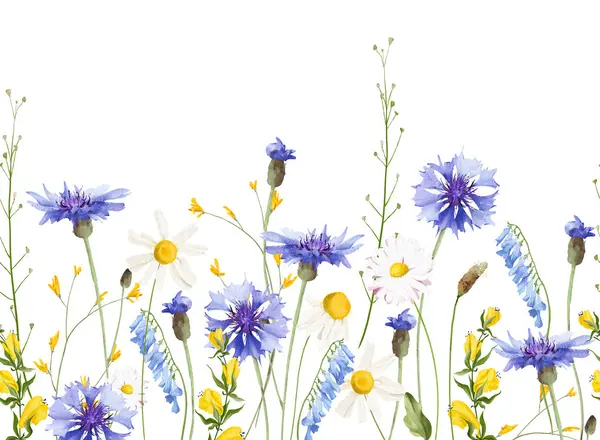 Çiçek boyalı suluboya, yatay, pürüzsüz kenar. Çayır mavisi çelenkler, sarı yabani çiçekler, papatyalar, yeşil dallar, yapraklar. El çizimi tarzı illüstrasyon. Sanatsal şablon tasarımı.