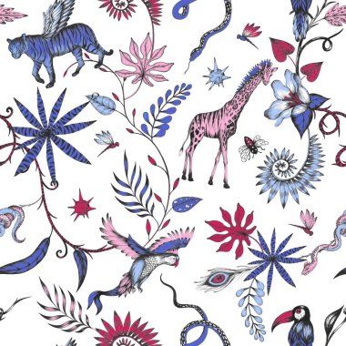 Beautiful trendy seamless pattern with hand drawn chimera animals. Stock fashionable textile illustration. clipart