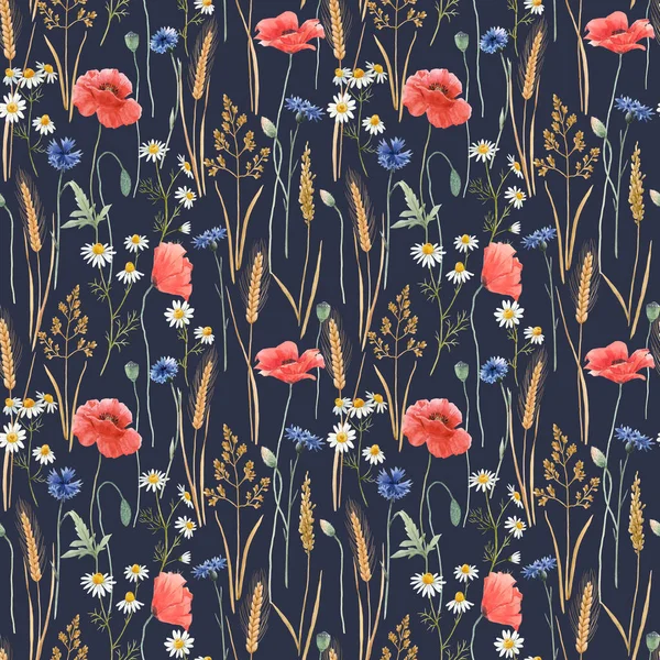Mooie Bloemen Naadloze Patroon Met Aquarel Veld Wilde Bloemen Voorraadillustratie — Stockfoto