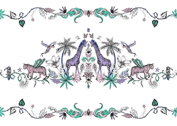 Beautiful Trendy Composition Print Hand Drawn Chimera Animals Stock Fashionable — Stock Photo, Image