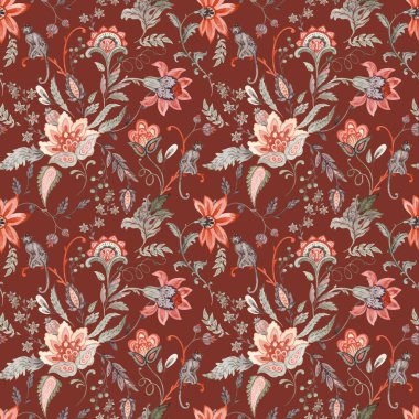 Güzel, pürüzsüz çiçek deseni ve suluboya soyut çiçekler. Maymunla geleneksel tarzda. Stok illüstrasyonu.