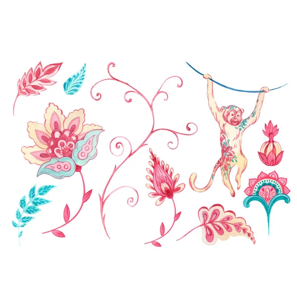 Krásná Vektorová Sada Akvarelem Květinové Prvky Opice Malované Starém Tradičním — Stockový vektor