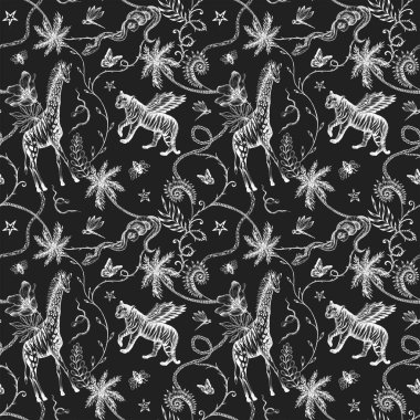 Beautiful trendy seamless pattern with hand drawn chimera animals. Stock fashionable textile illustration. clipart