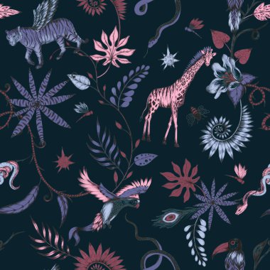 Elle çizilmiş kimera hayvanlarıyla güzel, modaya uygun, pürüzsüz bir model. Hisse senedi moda tekstil illüstrasyonu.